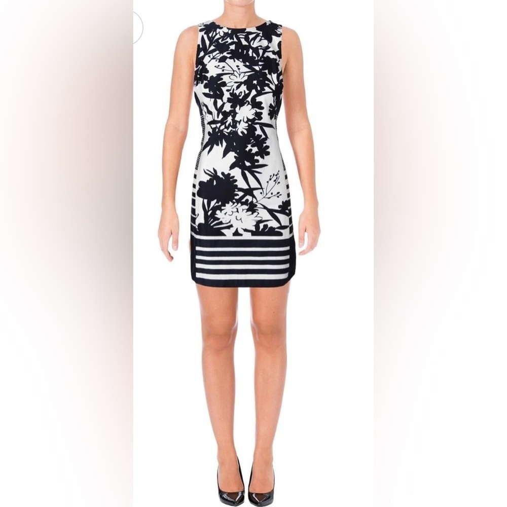 Lauren Ralph Lauren Navy Blue White Floral Print Sleeveless Shift Dress Size 12